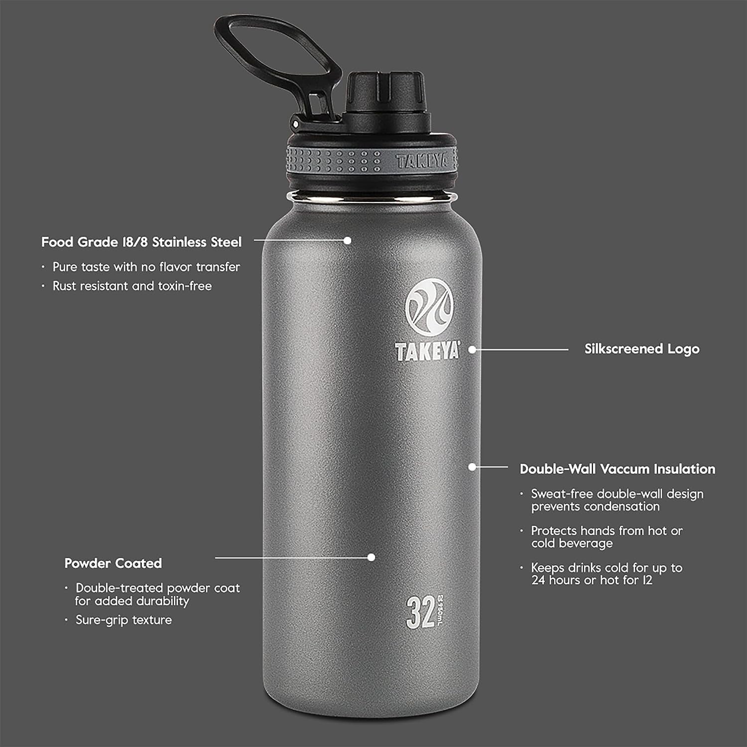 Originals 40 Oz Vacuum Insulated Stainless Steel Water Bottle - Leakproof & Bpa-Free Spout Lid - Keeps Drinks Cold 24 Hrs/Hot 12 Hrs - Double-Wall Design - Ideal for Active Lifestyles, Black