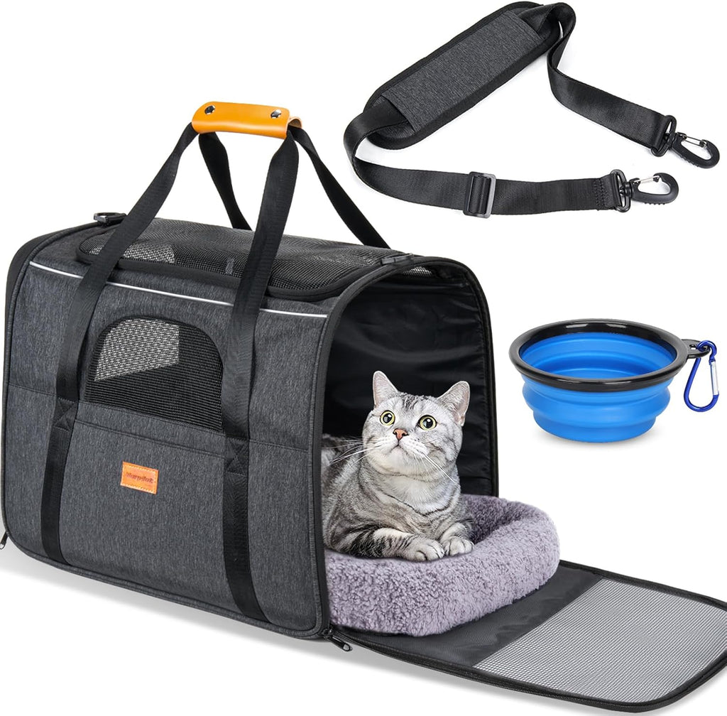 Cat Carrier - Cat Carrier Soft for Medium or Large Cats up to 20Lbs, with Dual-Sided Cushion, Secure Buckle and Foldable Bowl, Dog Carriers for Small Dogs - Pet Carrier (Dark Gray)